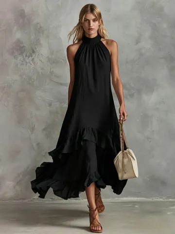 Women's Summer Halter Neck Sleeveless Ruffle Hem Midi Dress Vintage Elegant Solid Color Bohemian Beach Holiday Party Dress