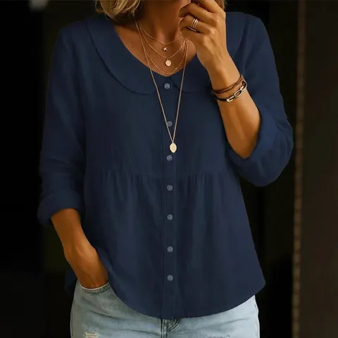 Damen Sommer Peter-Pan-Kragen Baumwolle Leinen Hemd Einfarbig Lose Bluse 3/4 Ärmel Lässig A-Linie Top Für Den Alltag