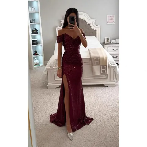 Women Sexy Sequin Off-the-Shoulder Maxi Dress Elegant Slit Bodycon Polyester Prom Party Evening Gown Special Occasion Dress