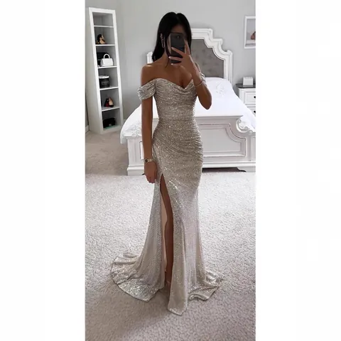 Women Sexy Sequin Off-the-Shoulder Maxi Dress Elegant Slit Bodycon Polyester Prom Party Evening Gown Special Occasion Dress