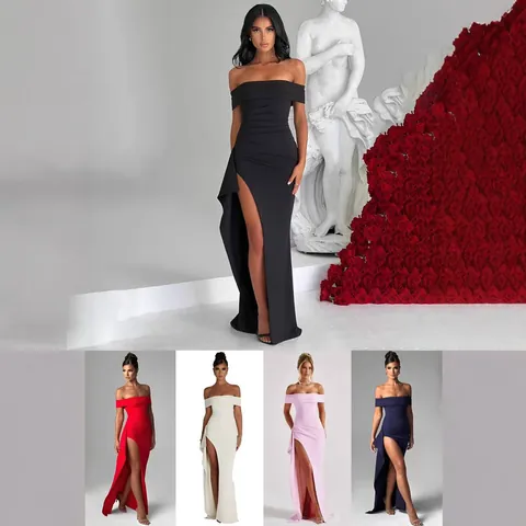 Vestido de Noche Largo Elegante para Mujer Hombros Descubiertos Fruncido Abertura Maxi Color Sólido Sexy Ajustado Vestido Formal Largo