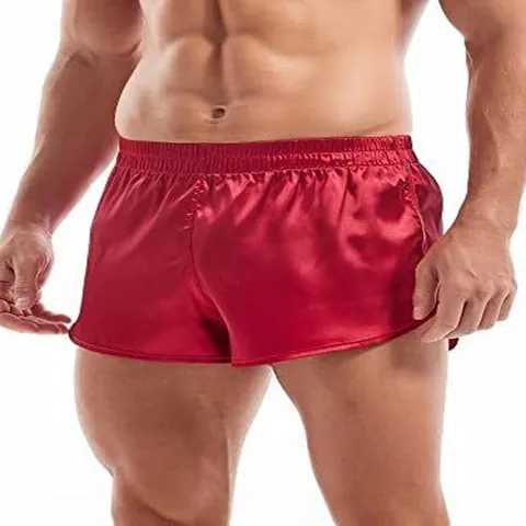Herren Satin Boxershorts Sexy Seitenschlitz Seidentextur Lounge Schlafhosen Lässig Bequeme Einfarbige Schlafanzughosen