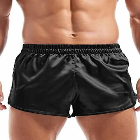 Herren Satin Boxershorts Sexy Seitenschlitz Seidentextur Lounge Schlafhosen Lässig Bequeme Einfarbige Schlafanzughosen