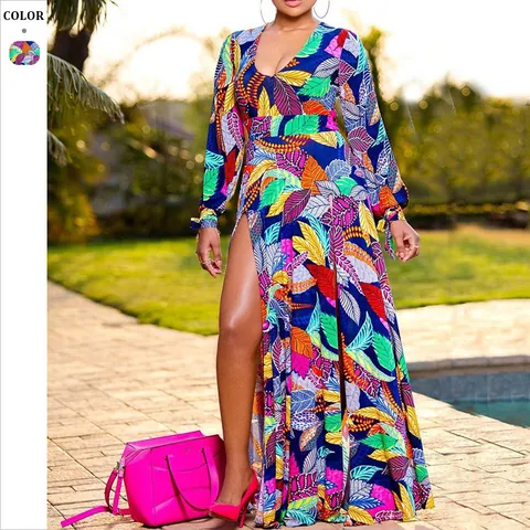 Women Sexy V Neck Long Sleeve High Slit Maxi Dress Elegant Multicolor Tropical Leaf Printed Summer Vacation Long Dress