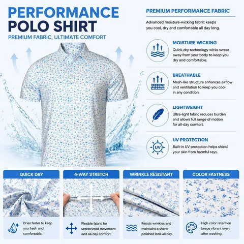 Men's Golf Polo Shirt Quick-Dry Breathable Short Sleeve Athletic Performance Sportswear Polyester Spandex Floral Printed Top For Men Casual Office