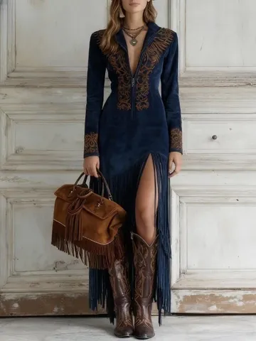 Women Retro Ethnic Floral Print Maxi Dress Tassel Hem Long Sleeve Zipper Front Bohemian Polyester Suede-Look Casual Party Long Dress