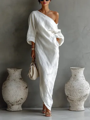 Robe Longue Élégante pour Femmes Épaules Dénudées Manches Lanternes Longues Couleur Unie Col Oblique Ample pour Fête Cocktail