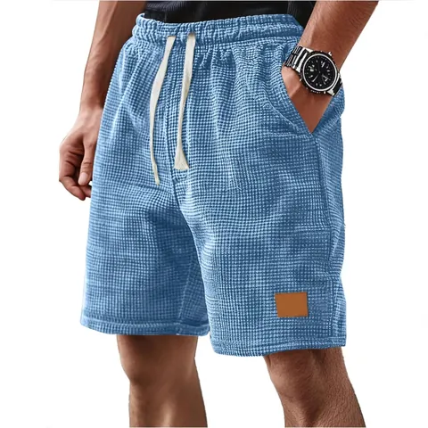 Men Retro Waffle Knit Shorts Casual Loose Drawstring Shorts Lightweight Summer Breathable Straight Leg Bottoms For Daily Home