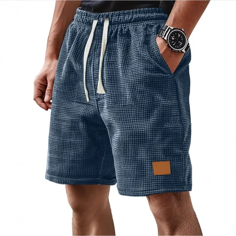 Men Retro Waffle Knit Shorts Casual Loose Drawstring Shorts Lightweight Summer Breathable Straight Leg Bottoms For Daily Home