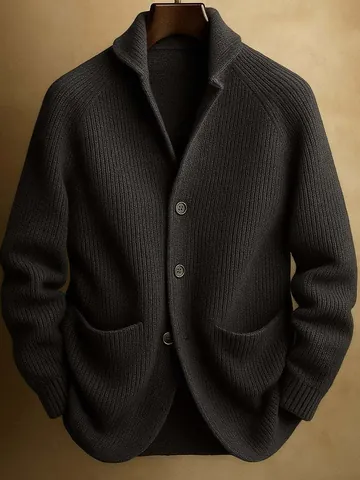 Men Gentleman Knitted Shawl Collar Cardigan Thickened 3-Button Rabbit Hair Modal Sweater Jacket with Pockets Casual Outerwear