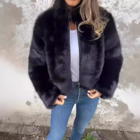Women Casual Faux Fur Jacket High Collar Full Zipper Winter Warm Outerwear Top For Autumn Women Street Style Faux Fur Coat