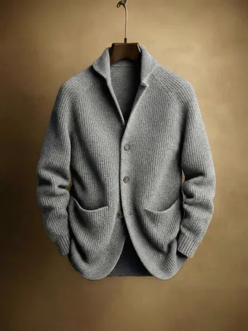 Men Gentleman Knitted Shawl Collar Cardigan Thickened 3-Button Rabbit Hair Modal Sweater Jacket with Pockets Casual Outerwear