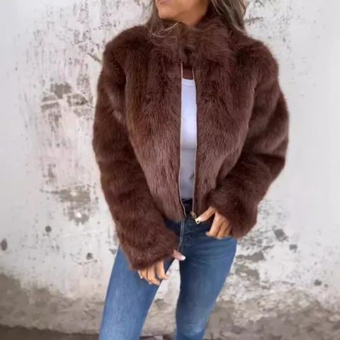 Women Casual Faux Fur Jacket High Collar Full Zipper Winter Warm Outerwear Top For Autumn Women Street Style Faux Fur Coat