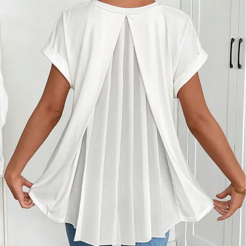Women's V-Neck Short Sleeve Top With Back Pleated Design Casual Loose Accordion Pleats Blouse For Spring Summer Clothing Top