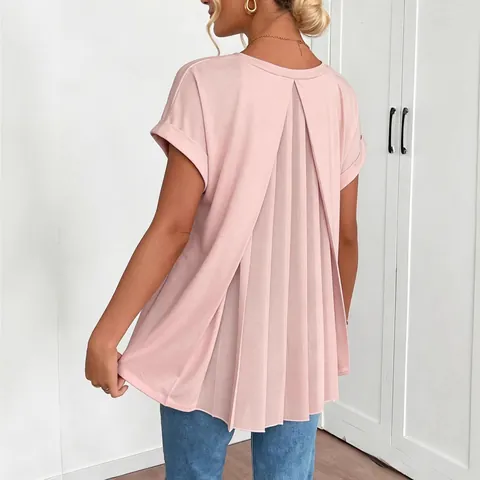 Women's V-Neck Short Sleeve Top With Back Pleated Design Casual Loose Accordion Pleats Blouse For Spring Summer Clothing Top