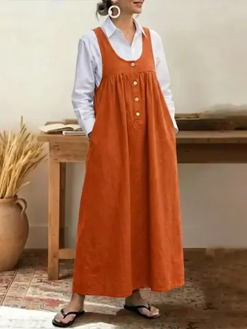 Women's Casual Solid Color Polyester Button Pinafore Dress Sleeveless Loose Fit Splicing Maxi Dress With Pockets