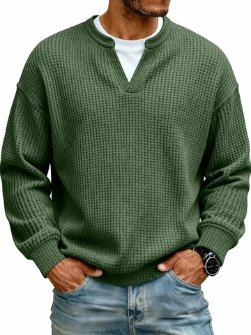 Men's Waffle Knit Long Sleeve T-Shirt Fake Two-Piece Design Casual V-Neck Top Loose Streetwear Acrylic Blend Pullover For Men