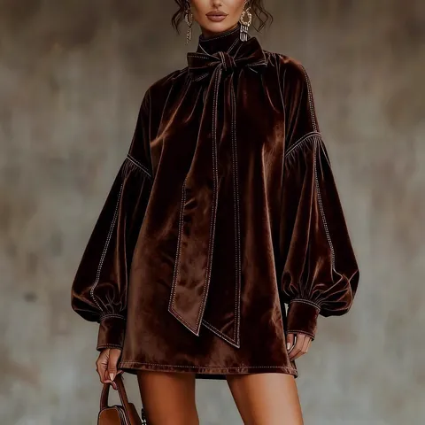 Mini Robe en Velours avec Nœud pour Femme Col Montant Manches Lanternes Surpiqûres Contrastées Robe Courte de Fête