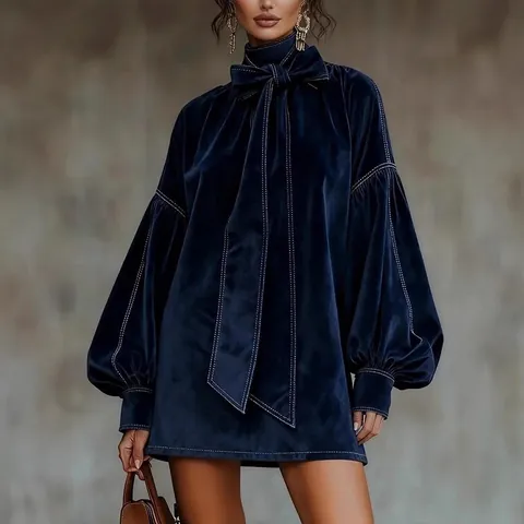 Mini Robe en Velours avec Nœud pour Femme Col Montant Manches Lanternes Surpiqûres Contrastées Robe Courte de Fête