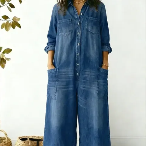 Women Fashion Single Breasted Shirt Maxi Dress Loose Long Sleeve Polyester Denim Look Jumpsuit With Pockets For Casual Daily