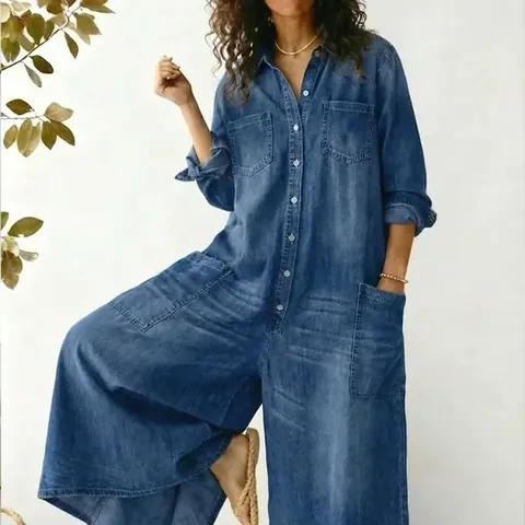 Women Fashion Single Breasted Shirt Maxi Dress Loose Long Sleeve Polyester Denim Look Jumpsuit With Pockets For Casual Daily