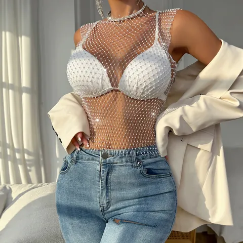 Women Sexy Fishnet Rhinestone Crew Neck Short Sleeve Top Sheer See Through Sparkling Party Clubwear Polyester Mesh Tee