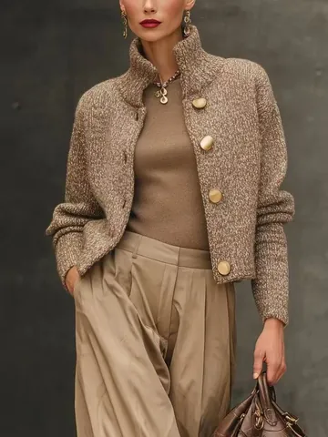 Damen Elegant Stehkragen Knopf Strickjacke Pullover Herbst Chic Einfarbig Langarm Top Jacke