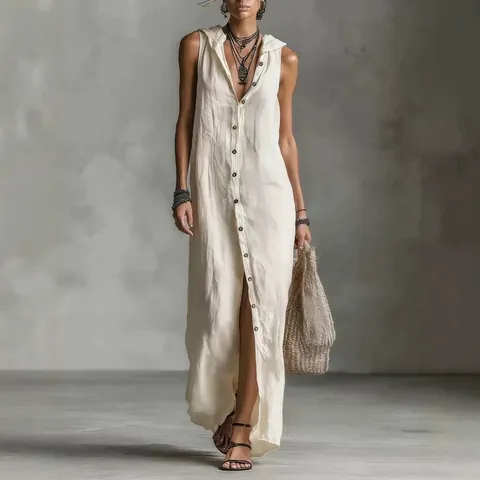 Women Sleeveless Maxi Dress Polyester Solid Color Button Down Hooded Long Dress Bohemian Casual Style Vacation Beachwear