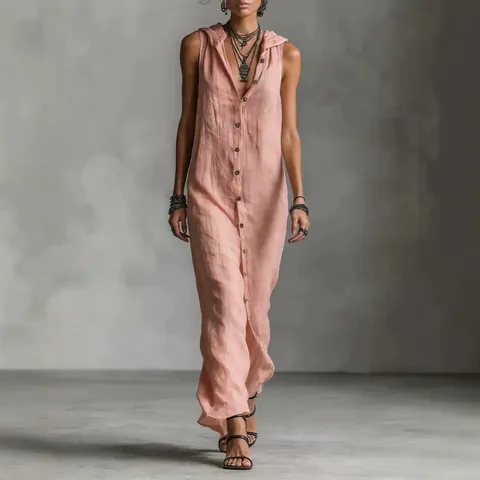 Women Sleeveless Maxi Dress Polyester Solid Color Button Down Hooded Long Dress Bohemian Casual Style Vacation Beachwear