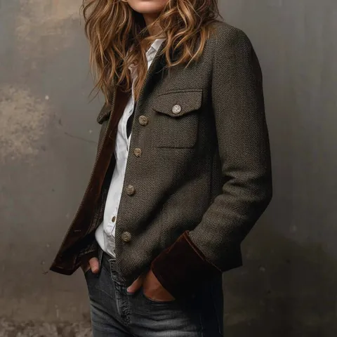 Veste Blazer en Tweed à Chevrons Vintage pour Femme Avec Bordure en Velours Élégante Veste Blazer à Simple Boutonnage à Manches Longues