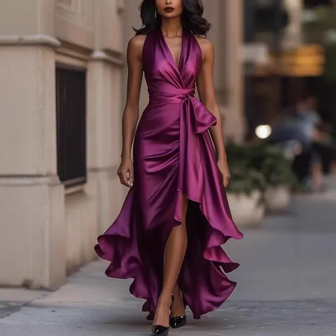 Women Elegant V-neck Irregular Hem Ruffle Sleeveless Dress Solid Color Polyester Satin Look Banquet Party Midi Dress