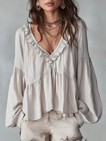 Camicetta da Donna Casual Scollo a V con Volant Maniche a Sbuffo Pieghettata Tinta Unita Dolce Boho a Maniche Lunghe