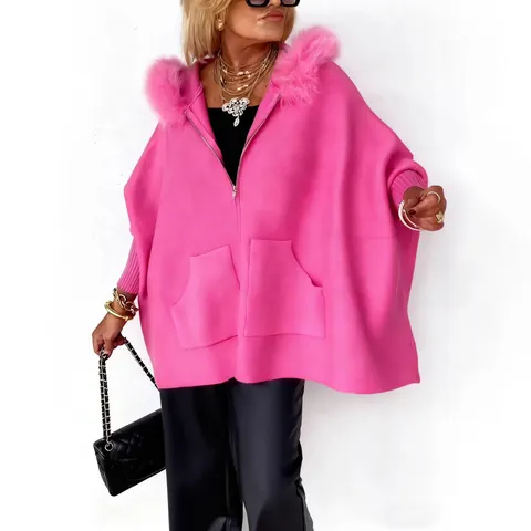 Damen Strickjacke Mit Großem Pelzkragen Übergroße Einfarbige Kapuzenjacke Mit Reißverschluss Und Taschen Herbst Winter Warm Top