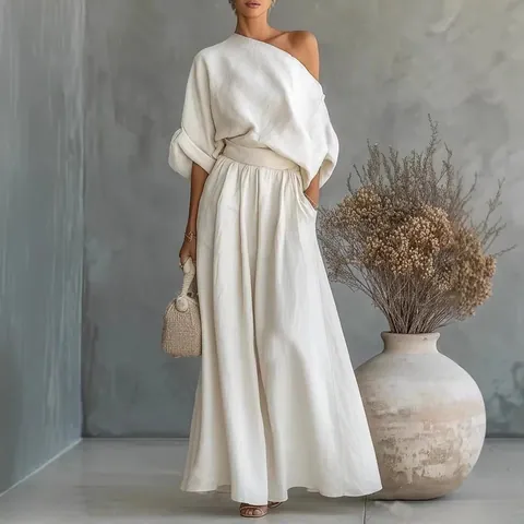 Elegante Set da Donna Top Monospalla E Pantaloni a Gamba Larga Tinta Unita in Poliestere Elastan per Streetwear Ufficio