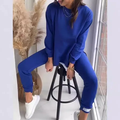 Women Fashion Patchwork False Two-Piece Sweatshirt And Sweatpants Set Casual Cotton Blend Top And Bottom Tracksuit For Autumn