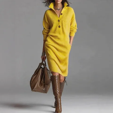 Vestido de Suéter de Punto Casual para Mujer con Botones y Solapa Manga Larga Color Sólido Vestido Midi de Otoño
