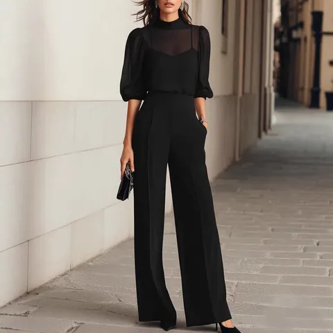 Women 3-Piece Set Mesh Patchwork Top And High Waist Wide Leg Pants Slimming Solid Color Casual Fashion Summer Outfit