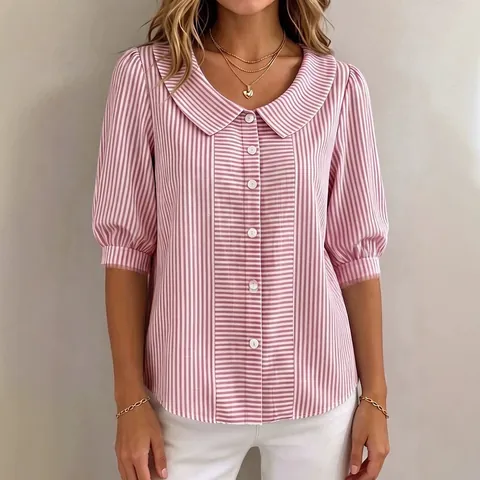 Women Elegant Striped Shirt Peter Pan Collar Puff Short Sleeve Button Down Blouse Top Polyester Daily Wear Commuter