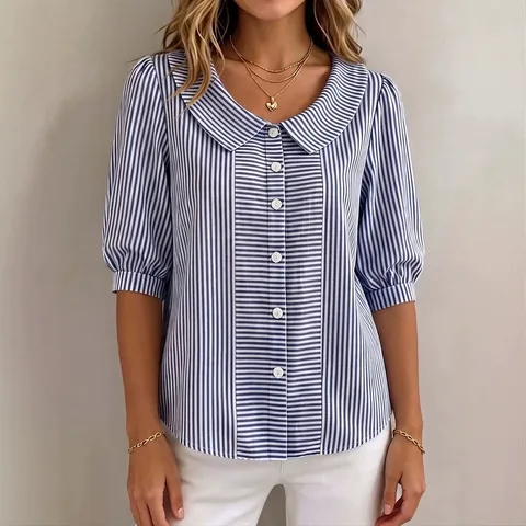 Women Elegant Striped Shirt Peter Pan Collar Puff Short Sleeve Button Down Blouse Top Polyester Daily Wear Commuter