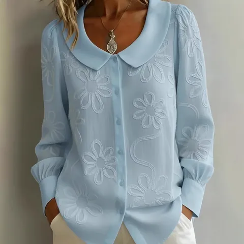 Damen Bubi Kragen Langarm Blumen Jacquard Bluse Frühling Sommer Casual Button Down Polyester Hemd Elegantes Top
