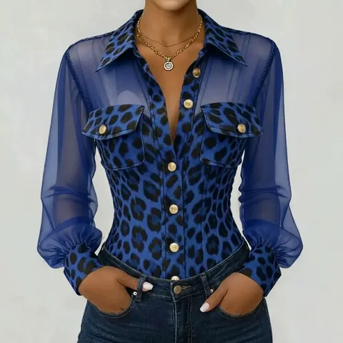 Women Elegant Leopard Print Mesh Patchwork Shirt Long Sleeve V-Neck Blouse With Gold Buttons Pockets Slim Fit Polyester Top