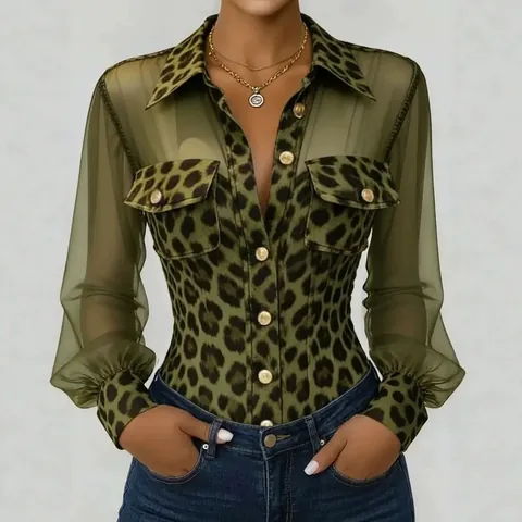 Women Elegant Leopard Print Mesh Patchwork Shirt Long Sleeve V-Neck Blouse With Gold Buttons Pockets Slim Fit Polyester Top