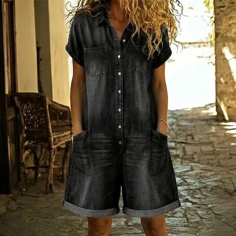 Women Casual Washed Denim Playsuit Short Sleeve Multi Pocket Button Front Romper Jumpsuit Shorts Fashion One Piece Outfit