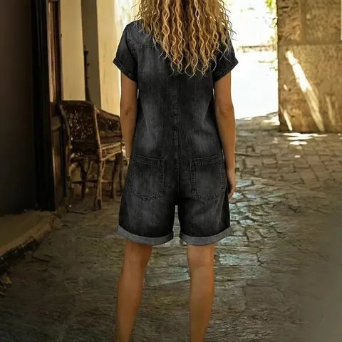 Women Casual Washed Denim Playsuit Short Sleeve Multi Pocket Button Front Romper Jumpsuit Shorts Fashion One Piece Outfit