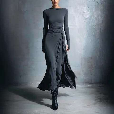 Donna Scollo a Barca Manica Lunga Vestito Maxi Con Dettaglio a Nodo Vestibilità Aderente Linea a A Tinta Unita Autunno Moda