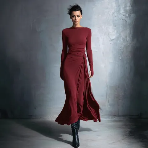 Donna Scollo a Barca Manica Lunga Vestito Maxi Con Dettaglio a Nodo Vestibilità Aderente Linea a A Tinta Unita Autunno Moda