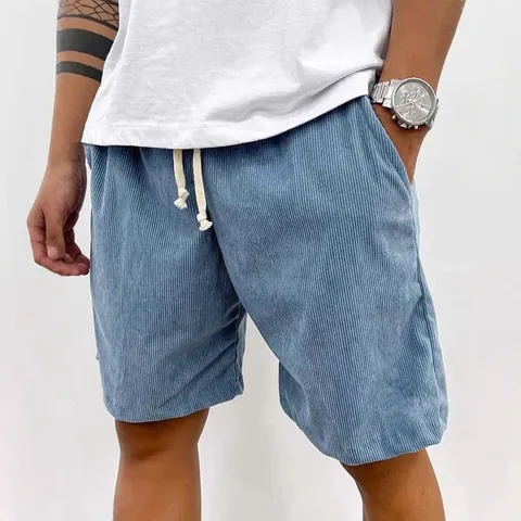 Pantalones Cortos de Pana Retro para Hombre Casual Cordón Verano Playa Color Sólido Pantalones Cortos Rectos Vintage