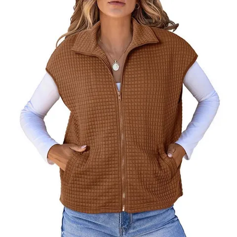 Damen Waffelstrick Weste Ärmelloses Sweatshirt Oversized Revers Lässig Sportlich Top Mit Taschen Herbst Outwear