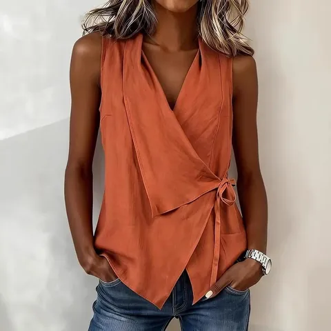 Chemisier Croisé sans Manches pour Femme Col en V Lien Latéral Ourlet Asymétrique Couleur Unie Élégant Top en Polyester