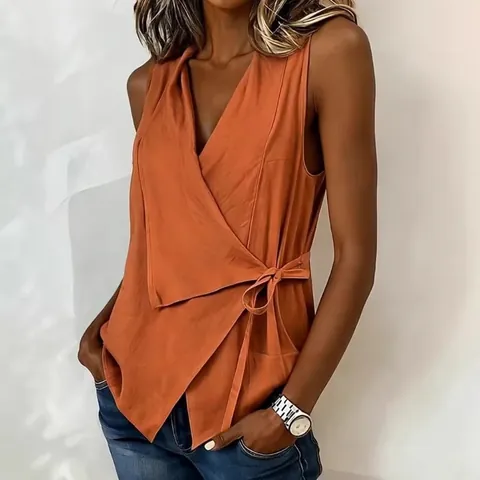 Chemisier Croisé sans Manches pour Femme Col en V Lien Latéral Ourlet Asymétrique Couleur Unie Élégant Top en Polyester
